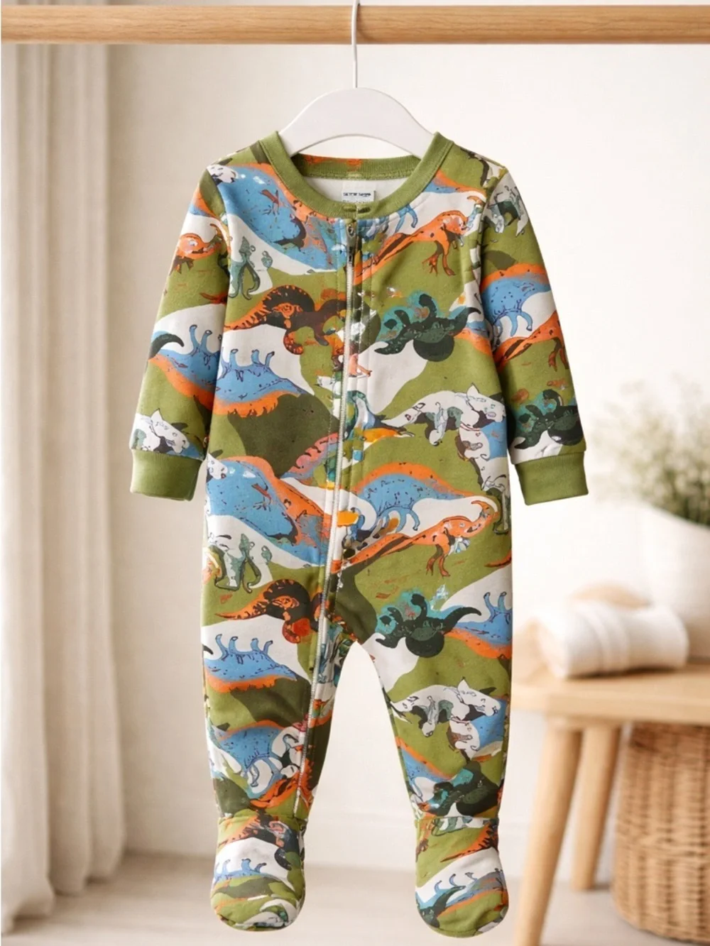 NWT Carters Baby Boys Snug Fit One Piece with Feet Green Dinosaur- Size 12M